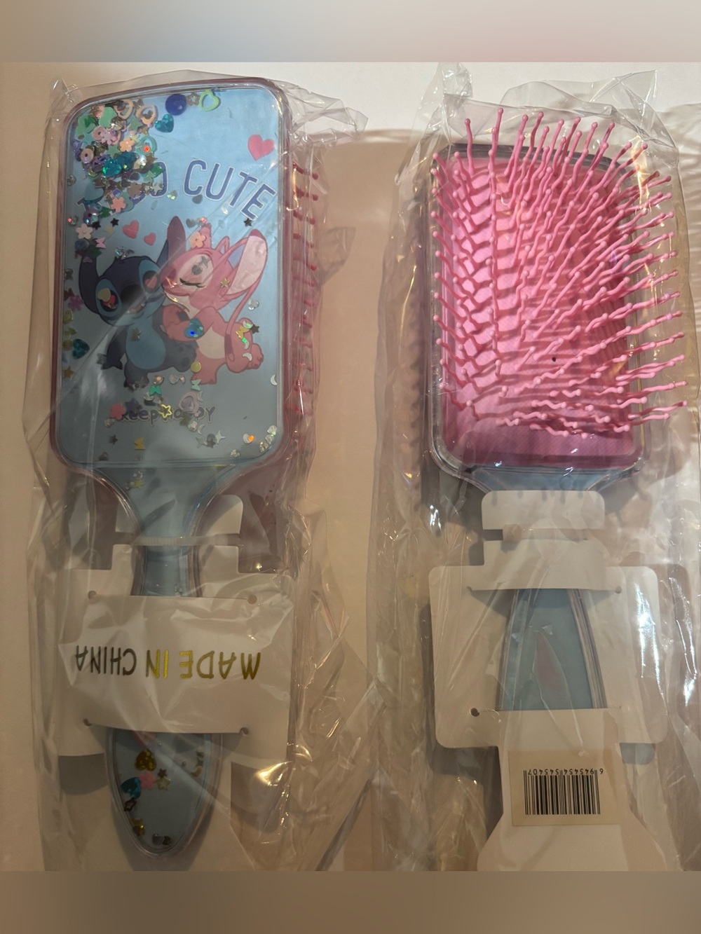 Stitch Pink & Blue Paddle Hair Brush With Glitter